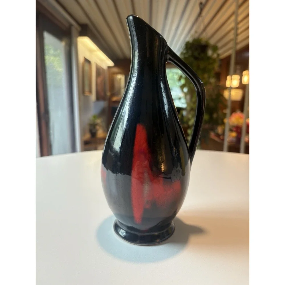 Vintage Hungarian Black Red Drip Glaze Pitcher Vase Mid Century Pottery BISZ 60s